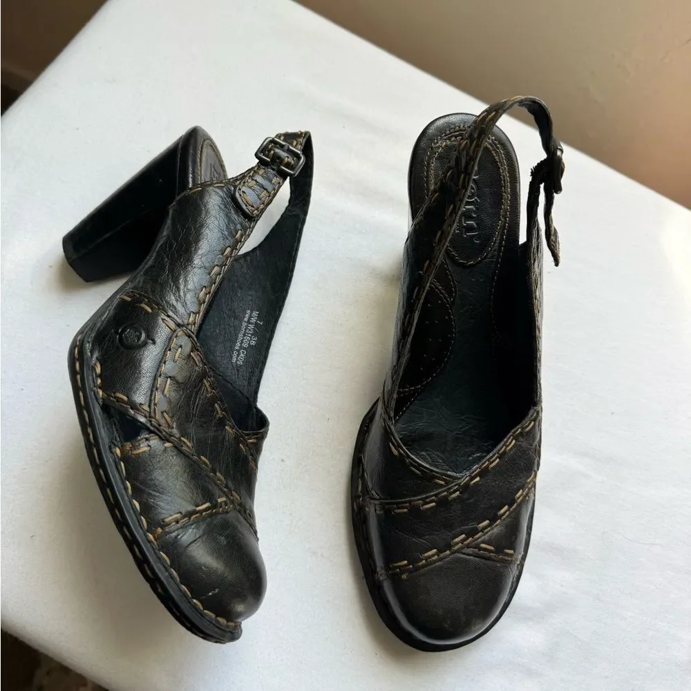 Y2K 2000s Born Black Leather Slingback Heels with Tan Contrast Stitching Size 7